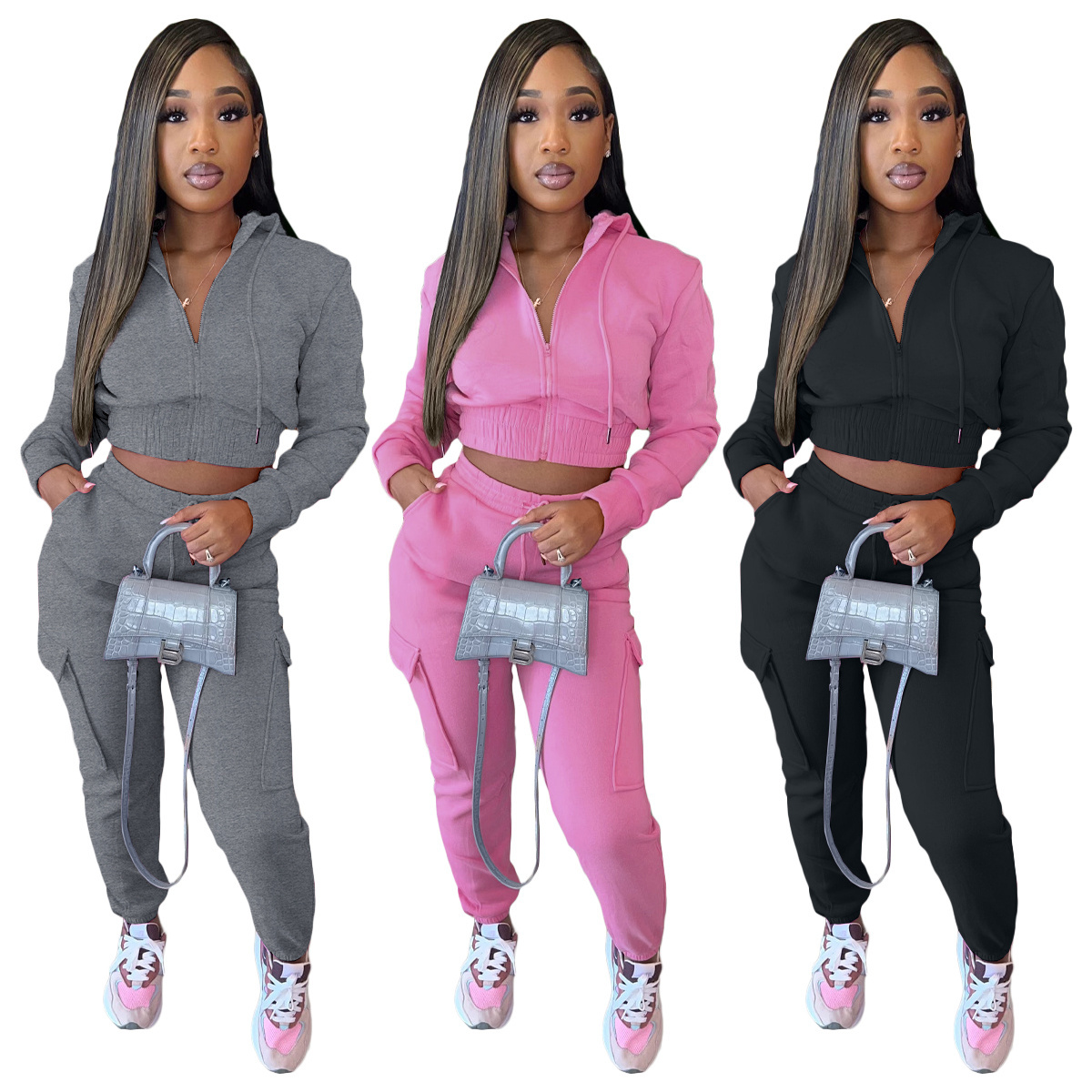 Sport thicken fabric zipper casual hoodie set sweatsuit sets women cargo pants set