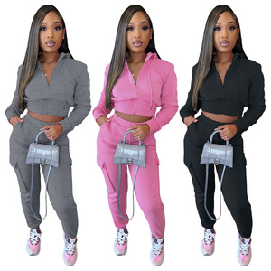 Sport thicken fabric zipper casual hoodie set sweatsuit sets women cargo pants set