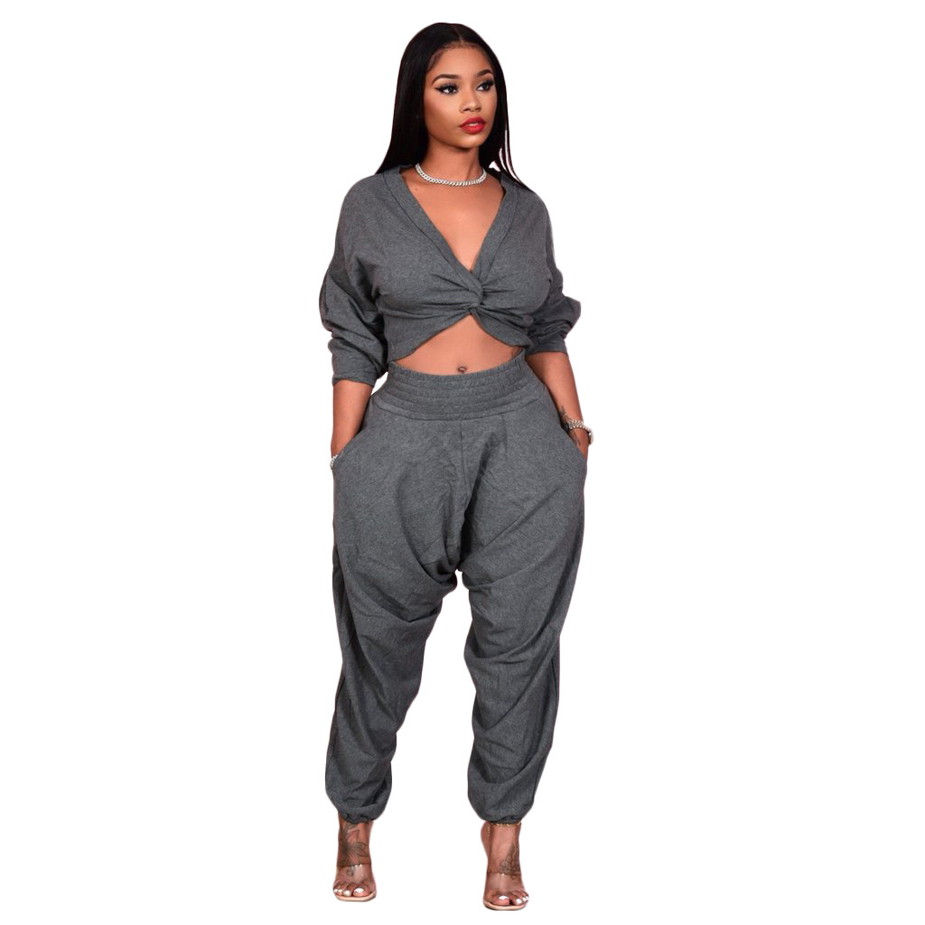 Sexy navel v-neck solid color cross crop top set women suspenders two piece sweat suit women