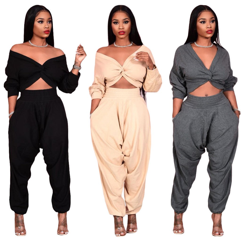 Sexy navel v-neck solid color cross crop top set women suspenders two piece sweat suit women