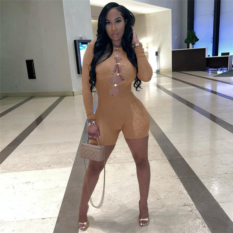 Sexy club mesh see-through long sleeve cutout hollow out slim one piece romper short jumpsuit