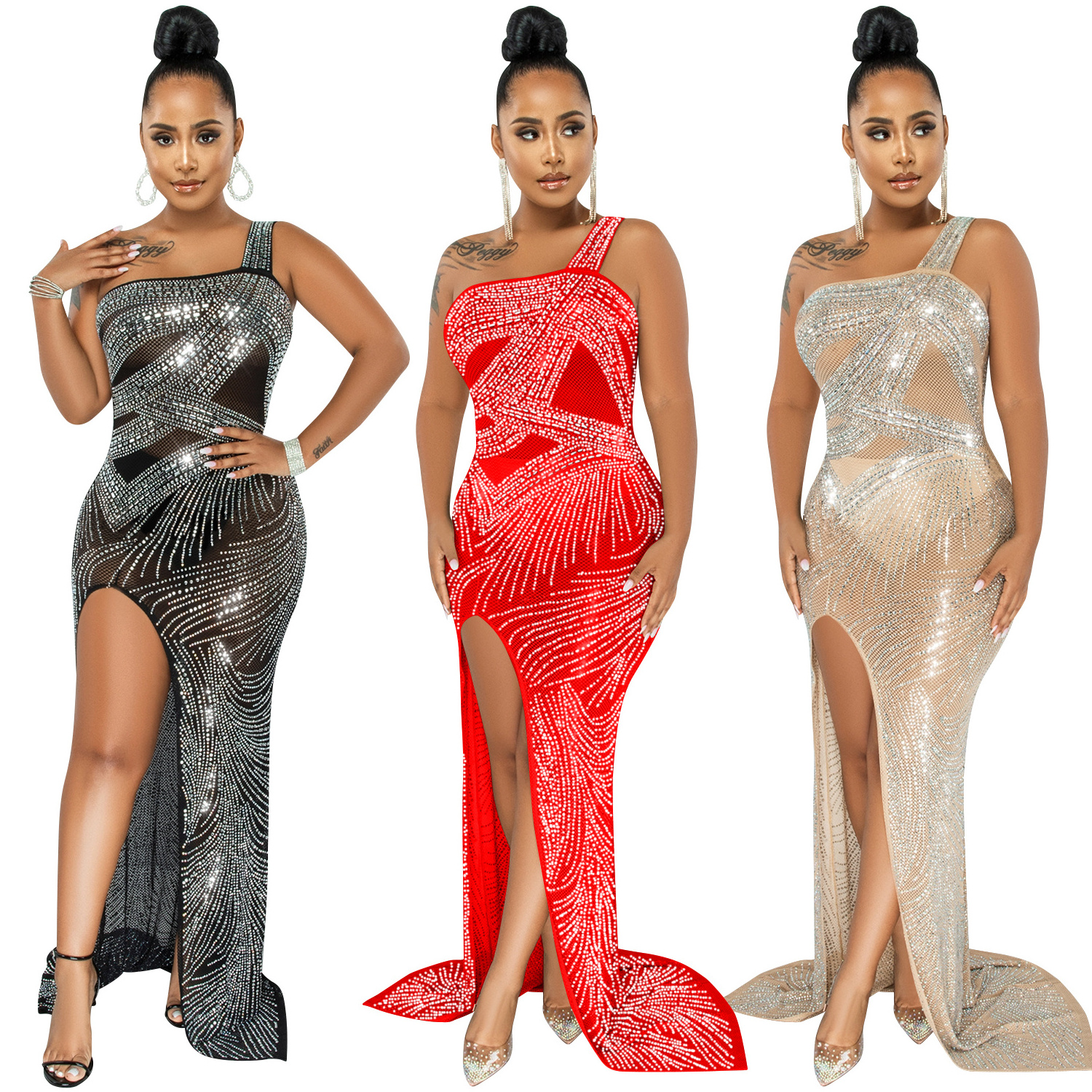 Fashion sexy nightclub rhinestone bling split long dress prom maxi dress