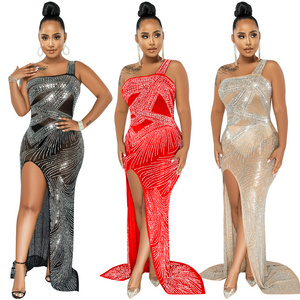 Fashion sexy nightclub rhinestone bling split long dress prom maxi dress