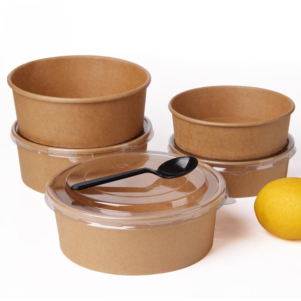 Disposable Take away Kraft Paper Salad Bowl with PET Lid Kraft Paper Bowl