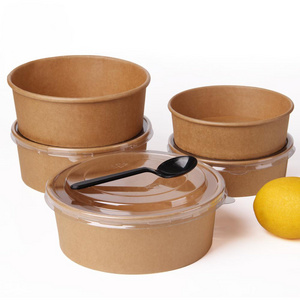 Disposable Take away Kraft Paper Salad Bowl with PET Lid Kraft Paper Bowl