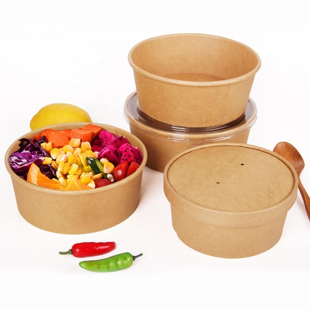 Disposable Take away Kraft Paper Salad Bowl with PET Lid Kraft Paper Bowl