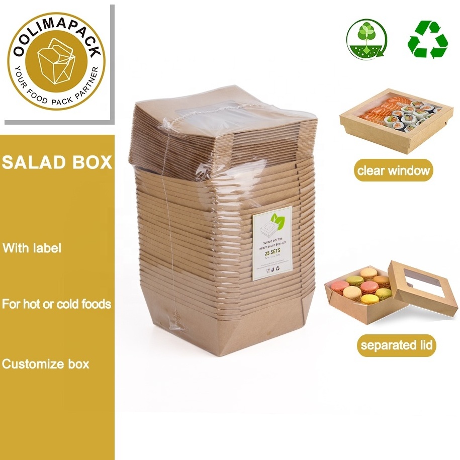 Square base food grade kraft paper salad box,pizza pasta fried chicken bread takeaway package