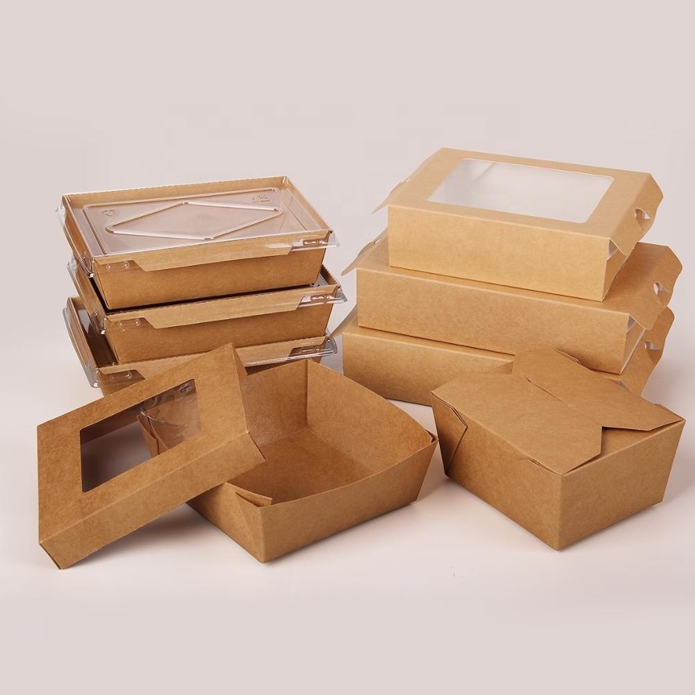 Square base food grade kraft paper salad box,pizza pasta fried chicken bread takeaway package