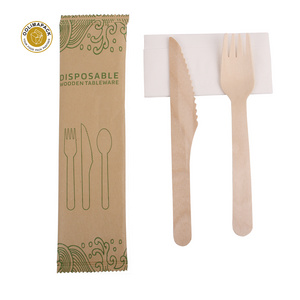 100% Biodegradable custom logo and pack flatware wooden fork /knife and paper napkin set