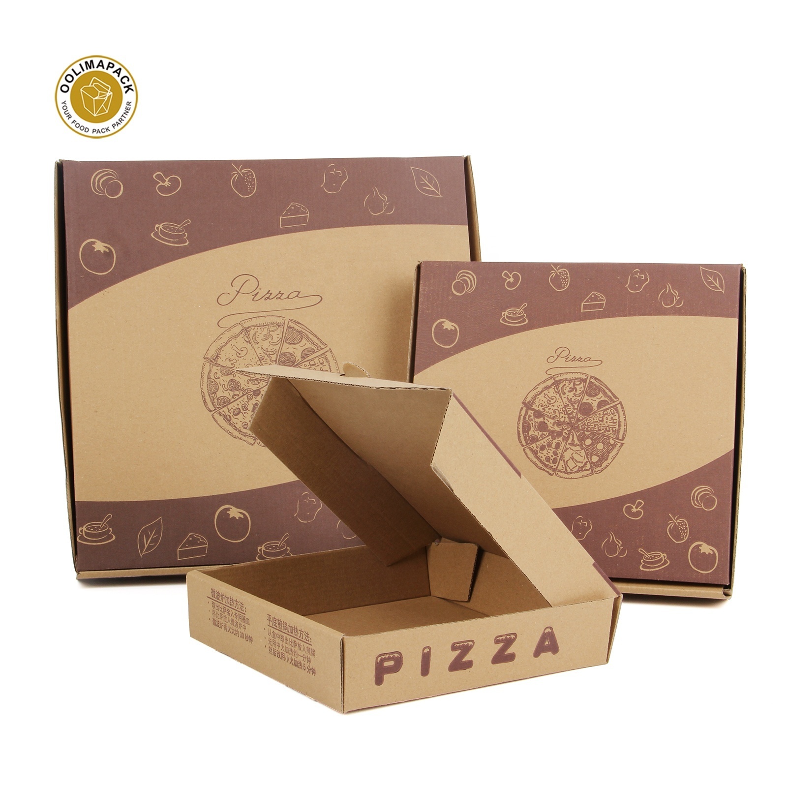 Wholesale pizza shop different size food custom printed logo pizza flute corrugated carton box packaging