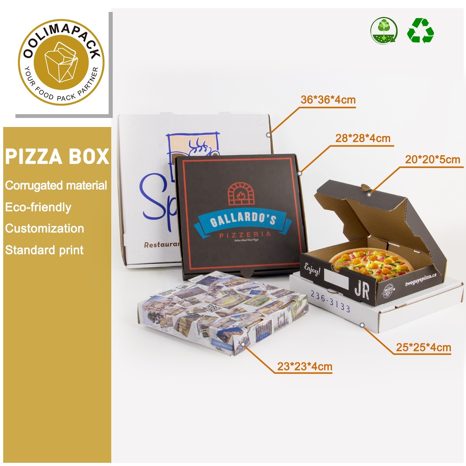 Wholesale pizza shop different size food custom printed logo pizza flute corrugated carton box packaging