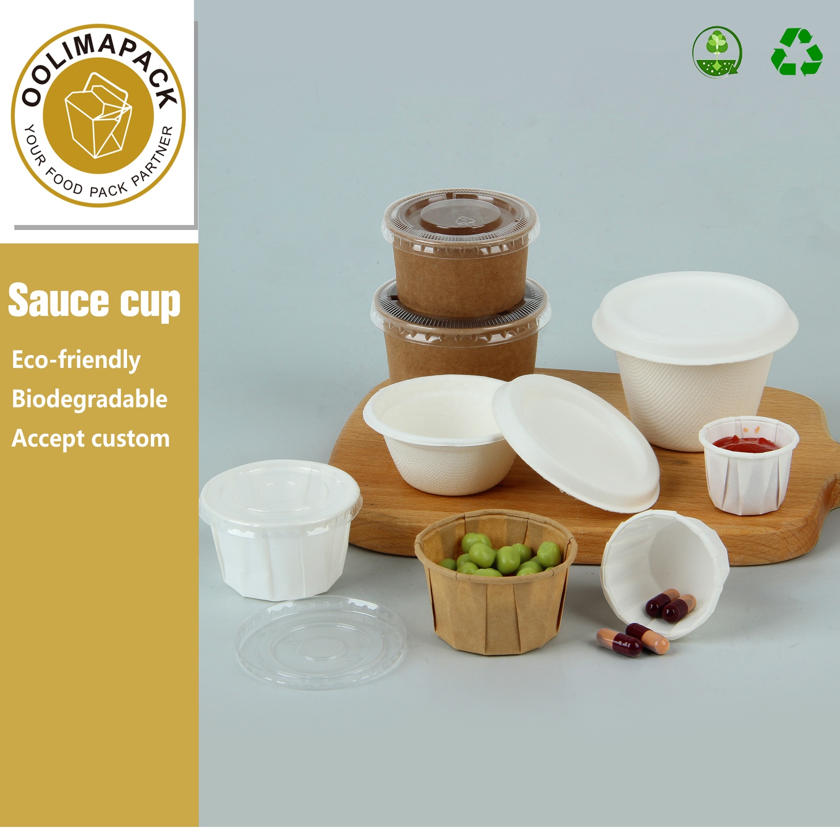 Degradable 0.5 - 2OZ disposable food grade greaseproof sauce paper cups and sauce container for baking/medical