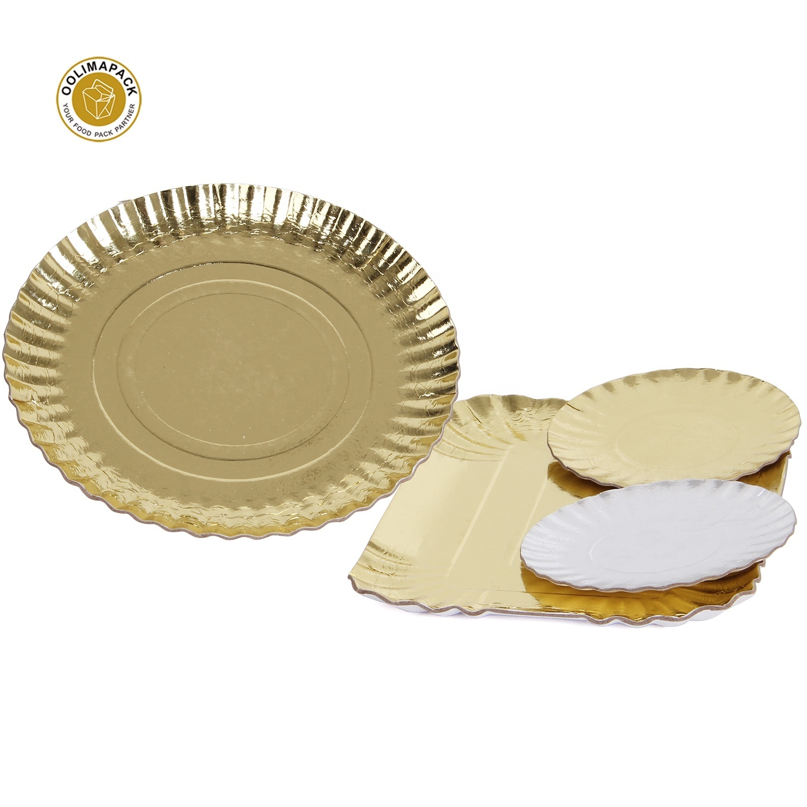 Classical hot sell disposable 400 gsm 13 inch round rectangle gold and silver foil paper plates