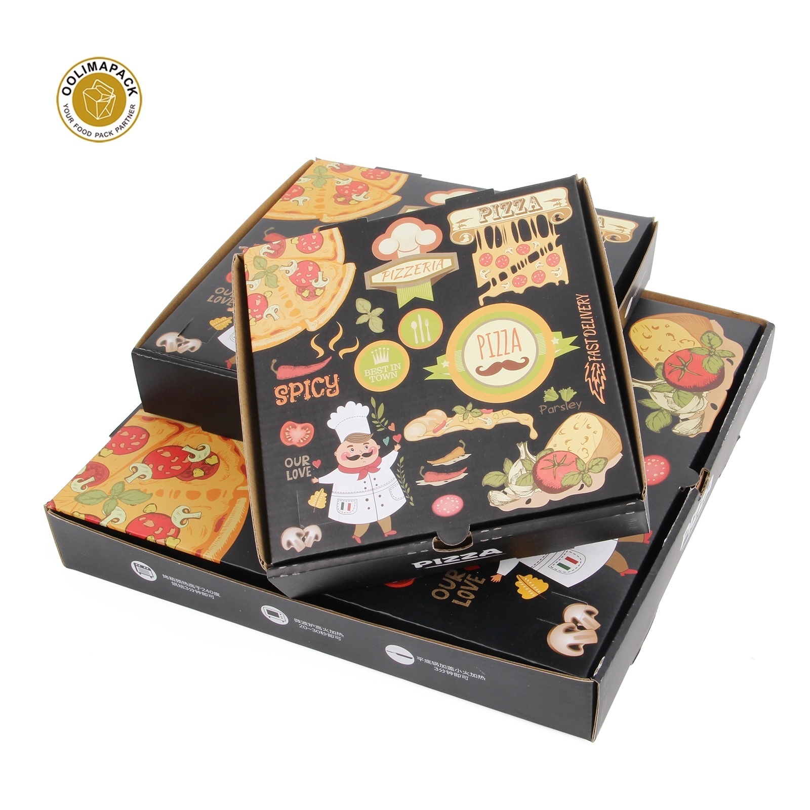 Wholesale pizza shop different size food custom printed logo pizza flute corrugated carton box packaging