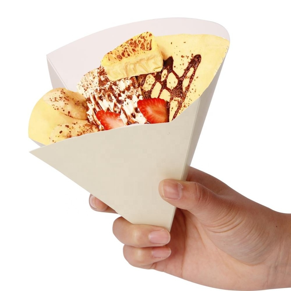 Custom printed french fries crepes holder food packaging,cone shape paper crepes box