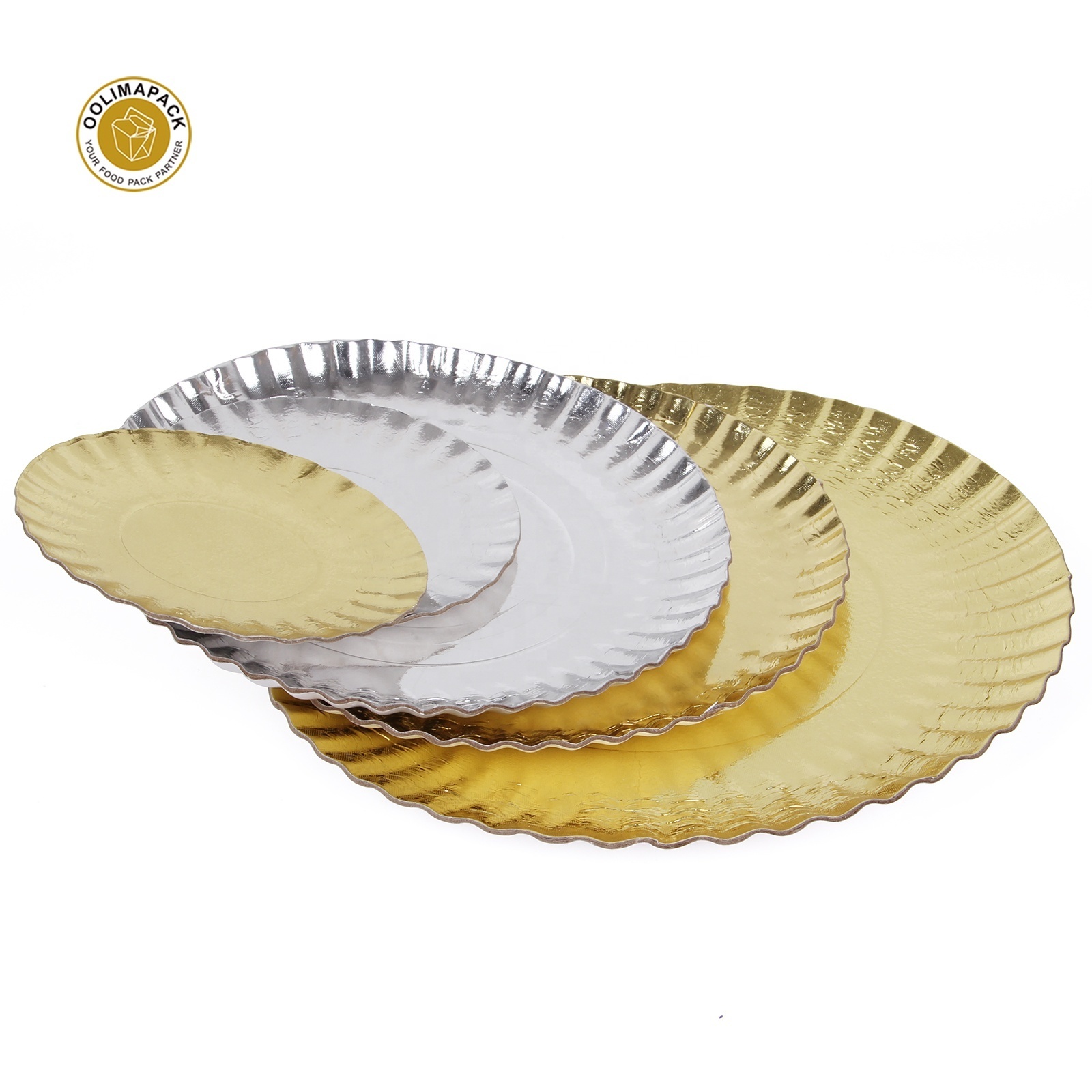 Classical hot sell disposable 400 gsm 13 inch round rectangle gold and silver foil paper plates