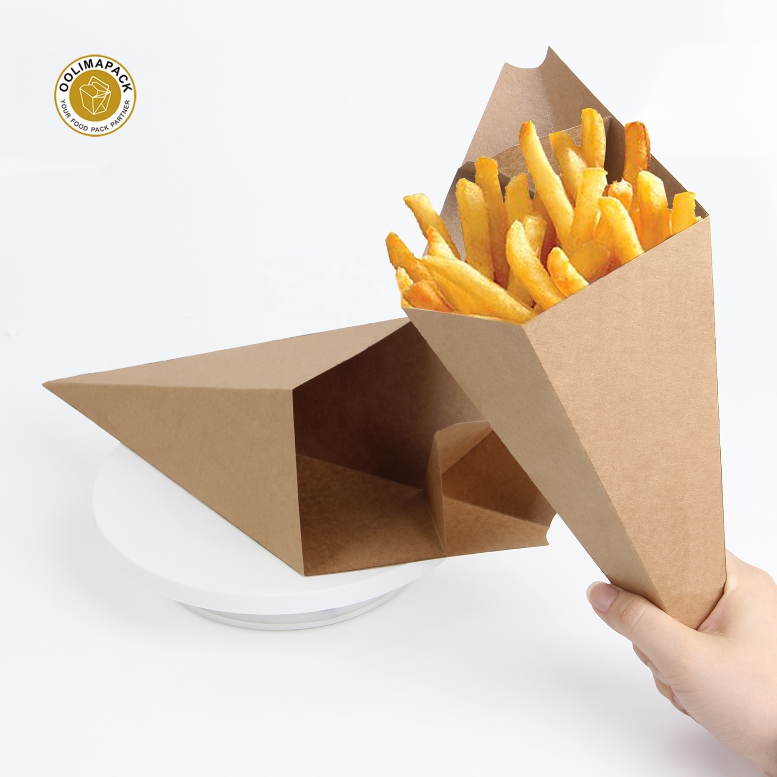 Disposable custom take away fast food cardboard French fries paper cone with sauce tray