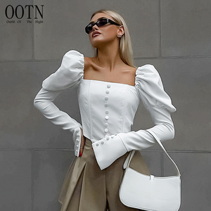 OOTN Spring 2024 SIim Cropped High Street Women White Sexy Button Shirts Lantern Sleeve Ruched Female Blouses And Tops