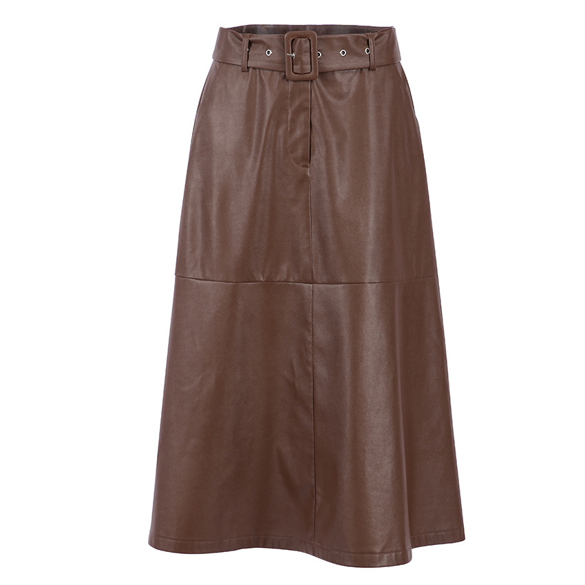 OOTN  Mid-calf Umbrella Skirts High Waist Elegant 2021 New A-line Chic Autumn Winter Faux PU-leather Midi Skirt