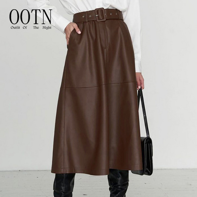 OOTN  Mid-calf Umbrella Skirts High Waist Elegant 2021 New A-line Chic Autumn Winter Faux PU-leather Midi Skirt