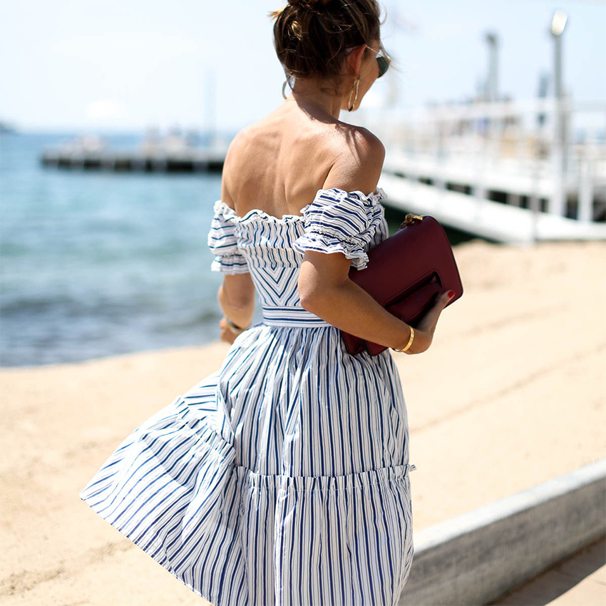 OOTN Female 2019 Summer Short Sleeve Flare Dress Button Down Women Slash Neck Sexy Frill Sundress Blue White Striped Sun Dress