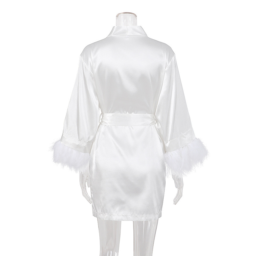 OOTN Satin Robes For Women Nightgown Bride Robe Gown Dress Bathrobe Female White Feather Robe With Fur Full Sleeves Sleepwear