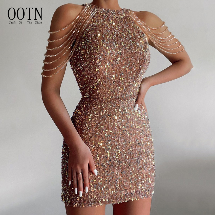 OOTN Women Sexy Evening Dress Off Shoulder Gold Sequin Dress Short Party Bodycon Dress