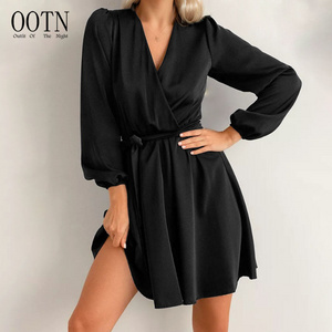 OOTN Female Black Mini Dress Spring Autumn Long Sleeve V-Neck Luxury 2024 Party Dress Women Sexy Ruffles A-Line Short Dresses