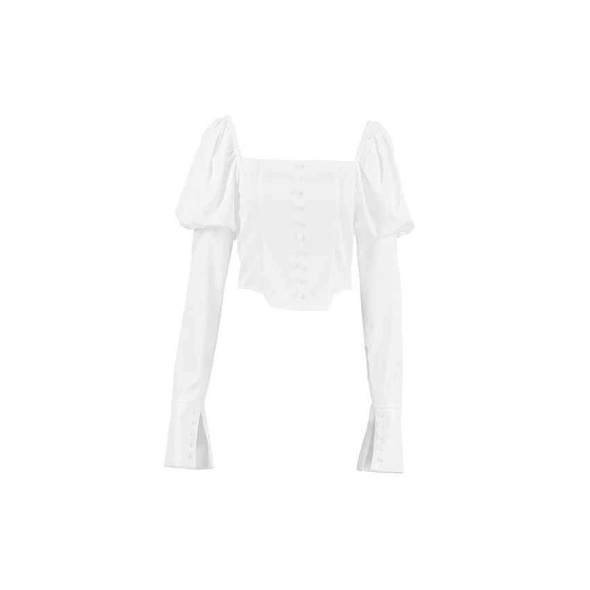 OOTN Spring 2024 SIim Cropped High Street Women White Sexy Button Shirts Lantern Sleeve Ruched Female Blouses And Tops