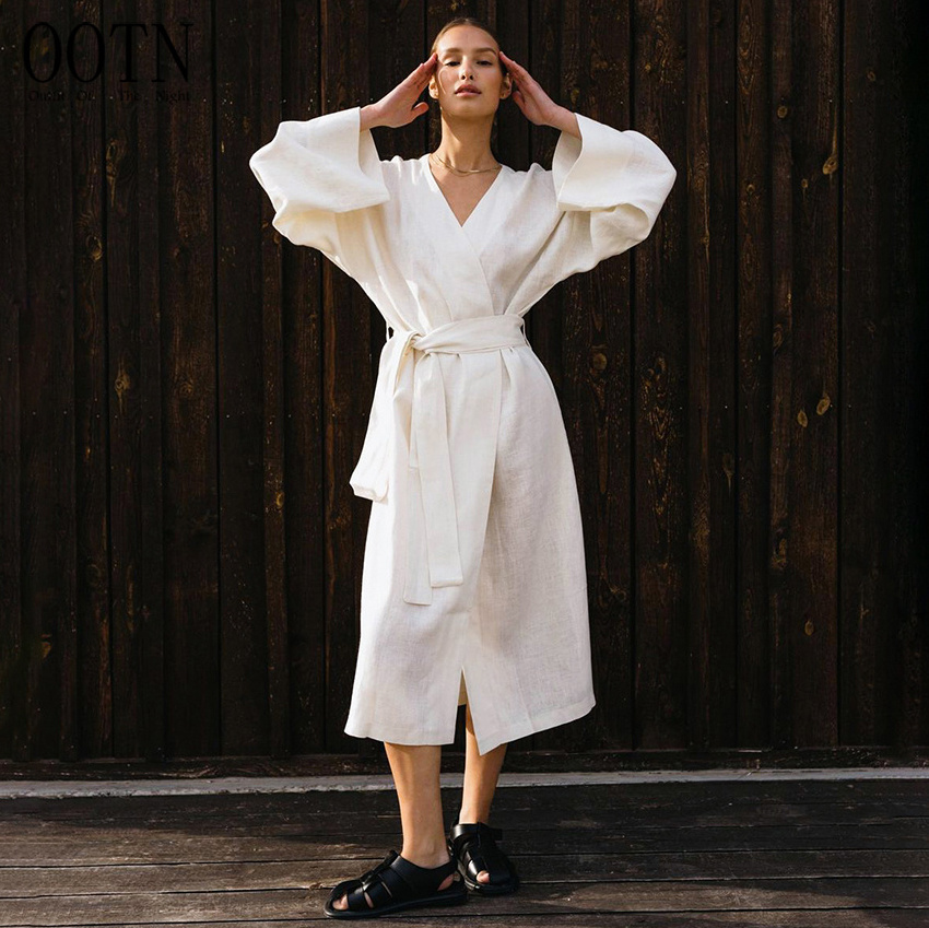 OOTN Women Gown For Ladies Mid-Calf Loose Bathrobe Female 2023 Women's Kimono Long Sleeve Night Dress White Green Cotton Robe