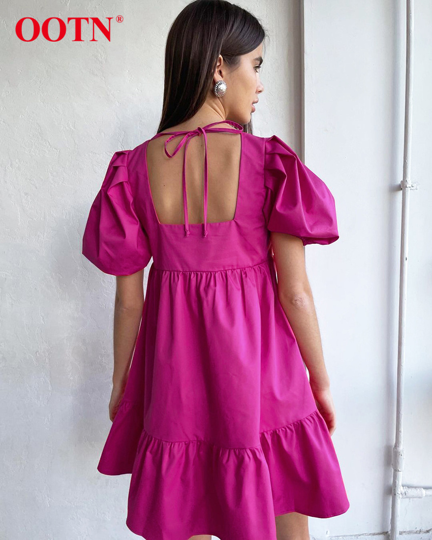 OOTN Ladies Puff Sleeve A-Line Pleated Summer Dress Ruffled Loose Sundress Women Sexy Lace Up Backless Square Neck Mini Dresses