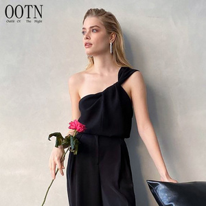 OOTN 2023 Street Solid Blue Vest Slim Top Spring Women Black Casual Fashion Skew Collar Camis Satin Sexy Asymmetrical Tank Tops