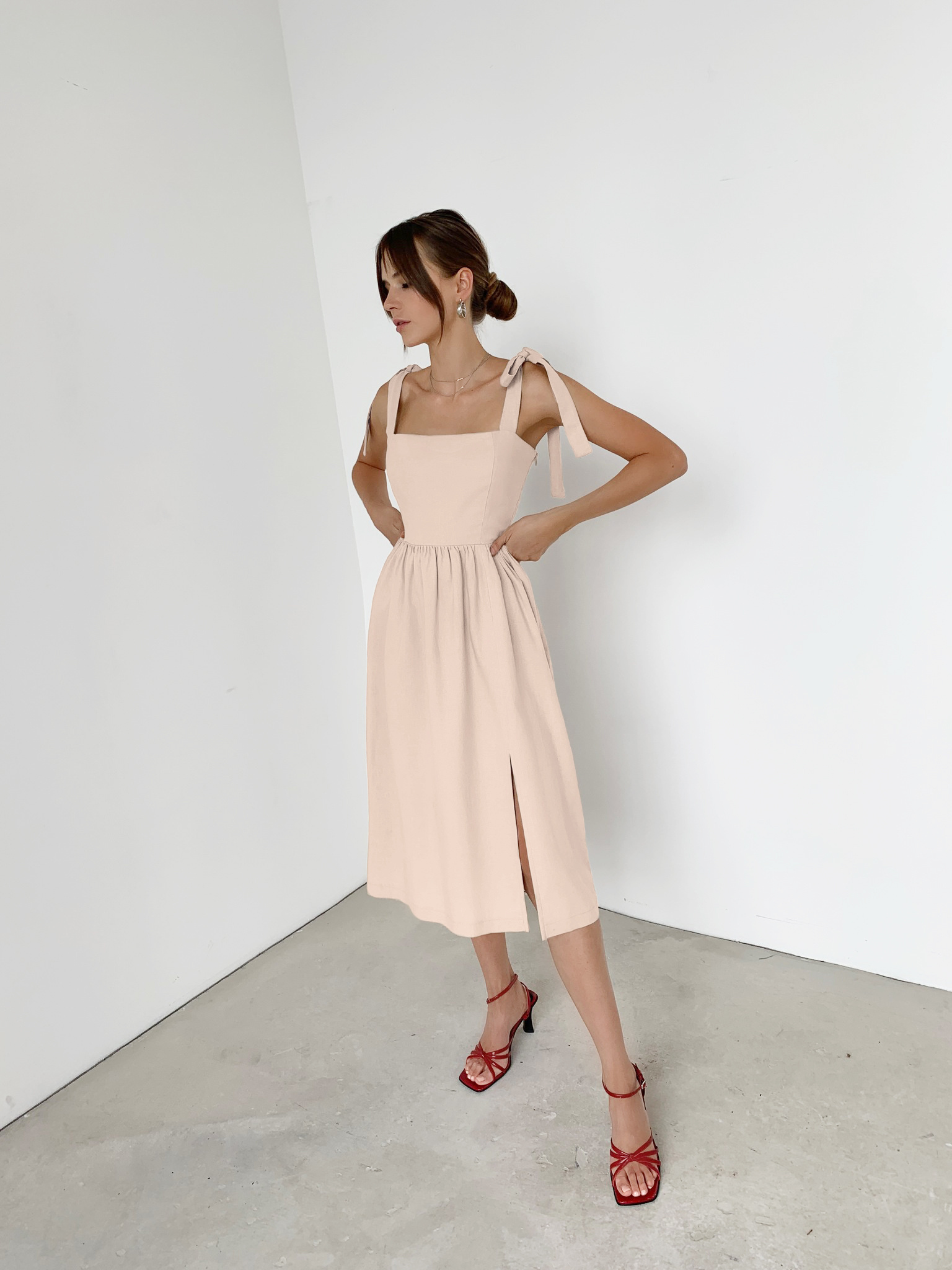 OOTN Summer Ruched Elegant A-Line Midi Dress Cotton Khaki 2021 Black Casual Sundress Women High Waist Sleeveless Strap Dress