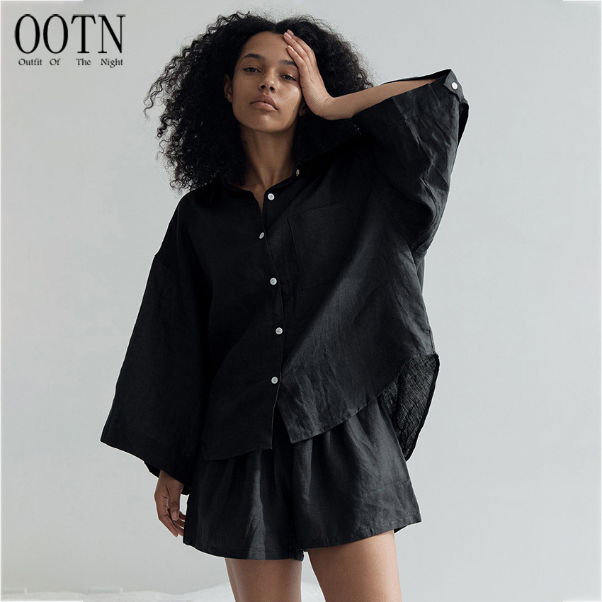 OOTN Nightie Three Quarter Sleeve Female Set Spring Single Breasted Loose Women Set Black summer 2023 women clothing