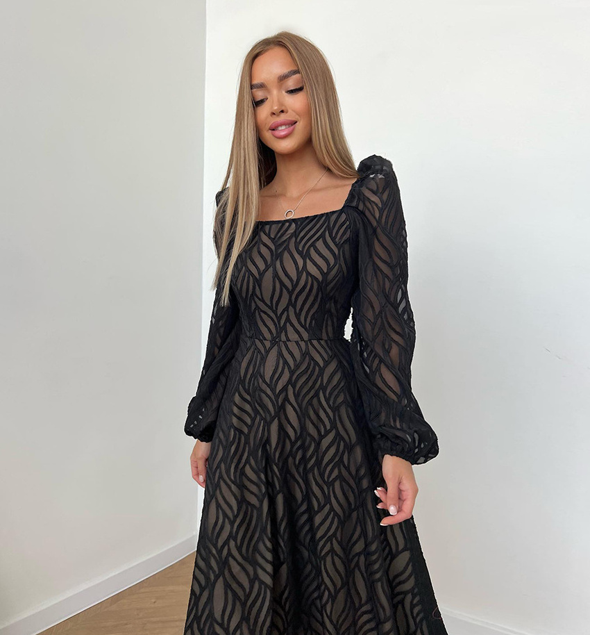 OOTN Elegant Lady Chic Long Dress Ruched Spring 2023 Women Lantern Sleeve Flowing Midi Dress Jacquard Black A-Line Dress