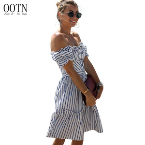 OOTN Female 2019 Summer Short Sleeve Flare Dress Button Down Women Slash Neck Sexy Frill Sundress Blue White Striped Sun Dress