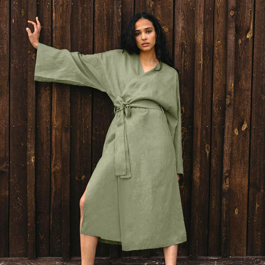 OOTN Women Gown For Ladies Mid-Calf Loose Bathrobe Female 2023 Women's Kimono Long Sleeve Night Dress White Green Cotton Robe