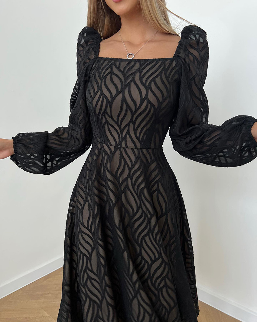 OOTN Elegant Lady Chic Long Dress Ruched Spring 2023 Women Lantern Sleeve Flowing Midi Dress Jacquard Black A-Line Dress