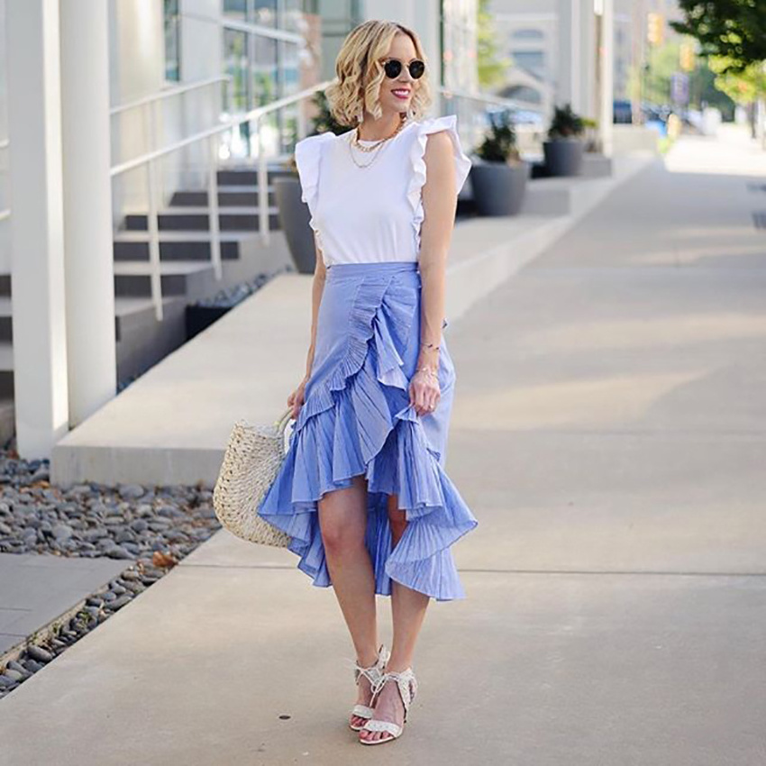 OOTN Irregular Blue White Striped Pleated Skirt 2020 Women High Waist Asymmetrical Ruffled Midi Skirt Vintage Long Skirt Autumn