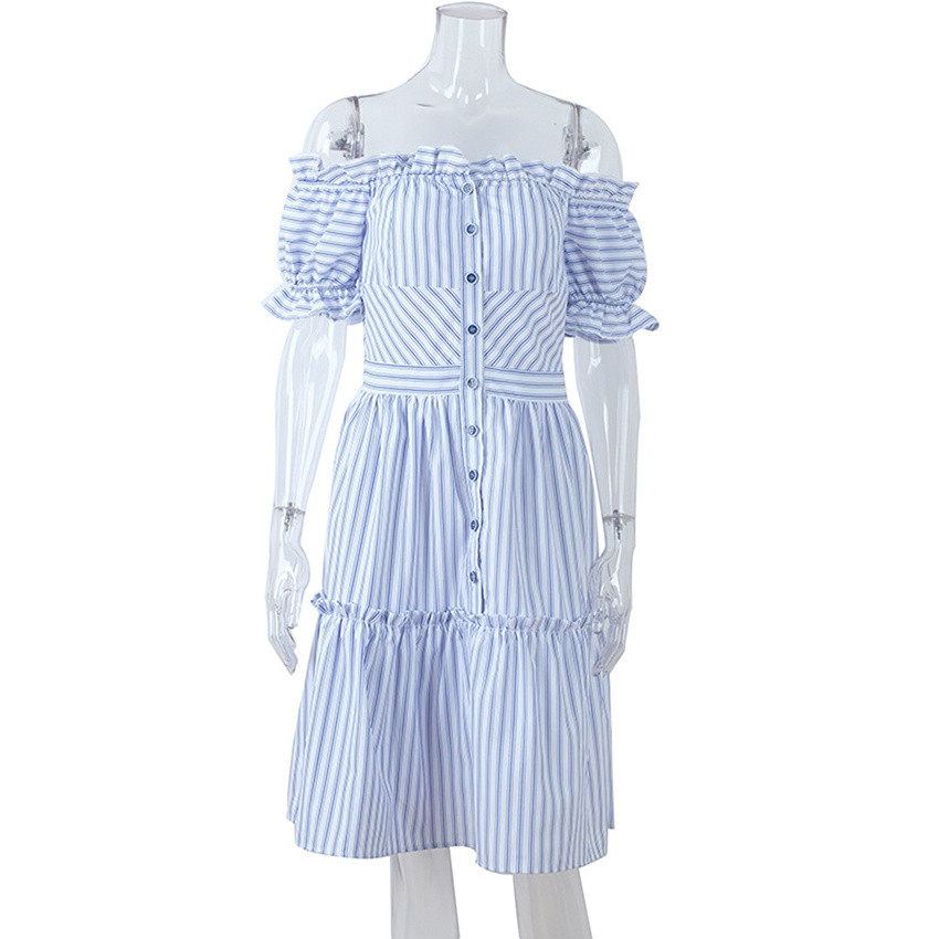 OOTN Female 2019 Summer Short Sleeve Flare Dress Button Down Women Slash Neck Sexy Frill Sundress Blue White Striped Sun Dress