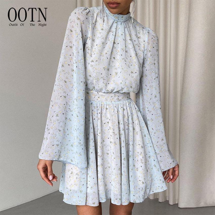 OOTN High Necked Printed Floral Dress For Women Flare Sleeves Mini Dress Summer Autumn 2024 Ruched Lace-Up A-Line Office