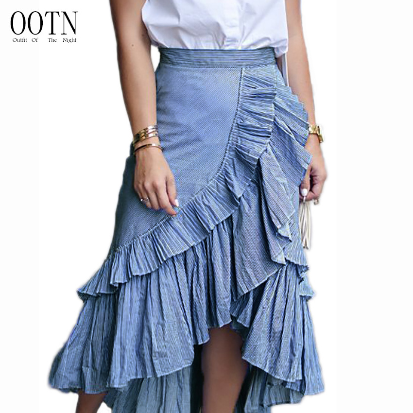 OOTN Irregular Blue White Striped Pleated Skirt 2020 Women High Waist Asymmetrical Ruffled Midi Skirt Vintage Long Skirt Autumn