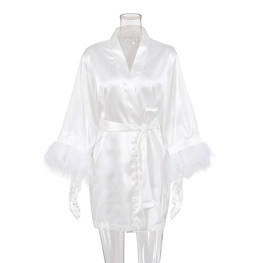 OOTN Satin Robes For Women Nightgown Bride Robe Gown Dress Bathrobe Female White Feather Robe With Fur Full Sleeves Sleepwear