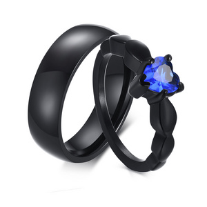 black slim ring with tantanzanite blue heart zircon for her and black confort fit 6mm ring for him wedding rings couple set