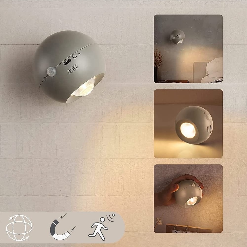 USB Rechargeable Wall Light Bedside Lamp  Motion Detector 360 Rotate Magnetic Ball Touch Dimmable LED Wall Lamp Reading Lights