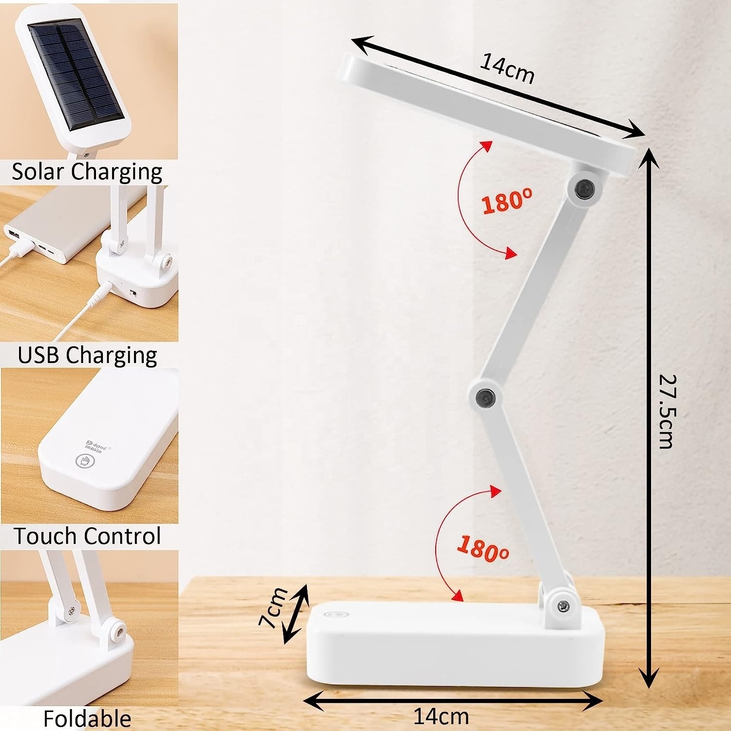 Portable Foldable Solar Powered Table Lamp 2 in 1 USB Rechargeable Desk Light for Students Reading Office Cordless LED Desk Lamp