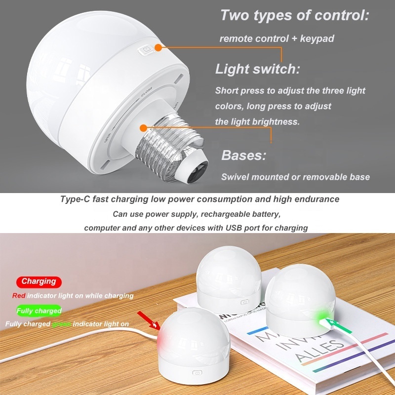 2 in 1 Rechargeable Light Bulb E26 with Remote Control Dimmable Desk Lamp Night Light for Home Decor LED Smart Light Bulb