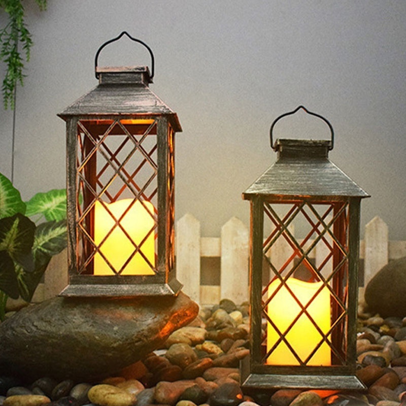 LED Outdoor Retro Waterproof Yard Lantern Lamp Simple Metal Decoration Hanging Lights Solar Candle Garden Light