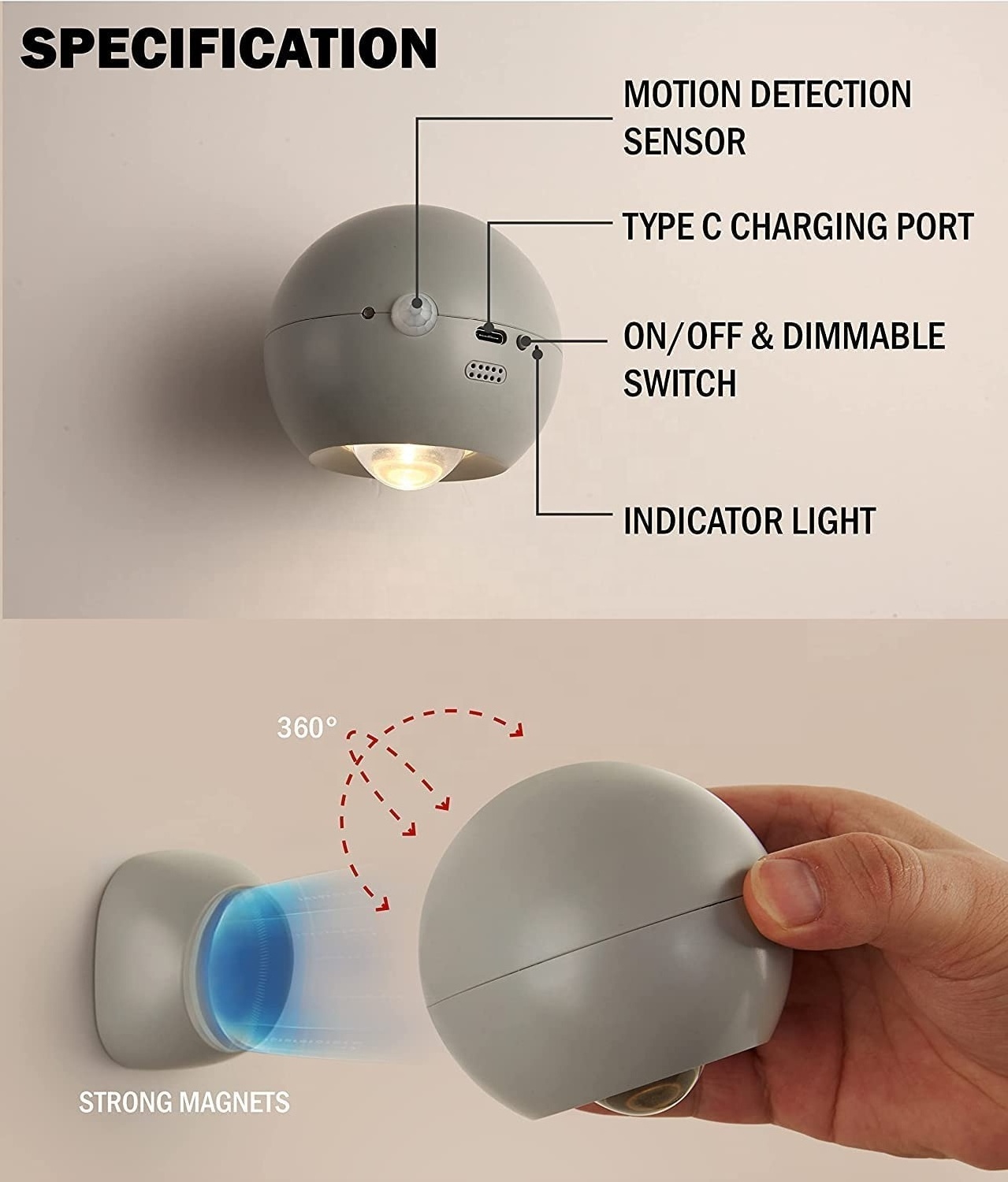 Motion Detector Lamp USB Battery Dimmable LED Wall Lamp Rechargeable Magnetic Wall Light