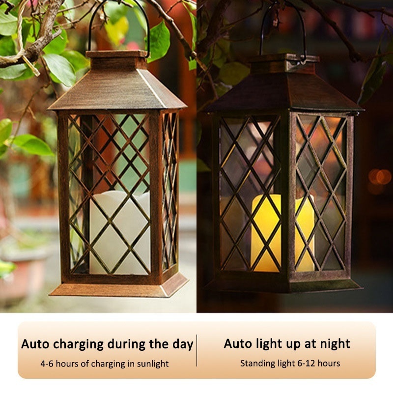 LED Outdoor Retro Waterproof Yard Lantern Lamp Simple Metal Decoration Hanging Lights Solar Candle Garden Light